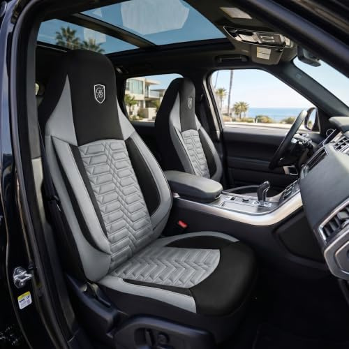 GIOVANNI BUTTI Autositzbezüge Universal für PKW & SUV – Vordersitze Auto Sitzbezug aus Lacoste-Stoff, Grau-Schwarz, Airbag-Kompatibel Sitzauflage, Autoschonbezug, Vordersitz-Set inkl. Montageset