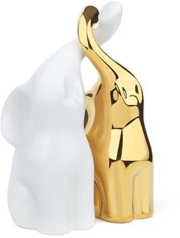 GUJOXILA Coppia di adorabili elefanti ornamentali per donne, regalo di nozze, in ceramica bianca e oro, statuette a forma di elefante, per casa, soggiorno, mensole