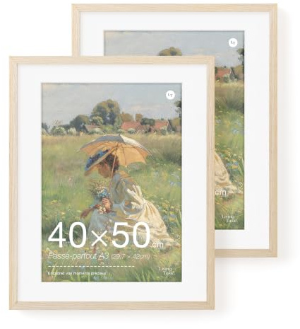 LIVINGTASTE Bilderrahmen 40x50 cm aus MDF,Eiche Natur mit Acrylglas-Front, 2er-Set mit Passepartout für A3 (29,7x42 cm), Picture Frame für Fotos,Poster,Wohnzimmer