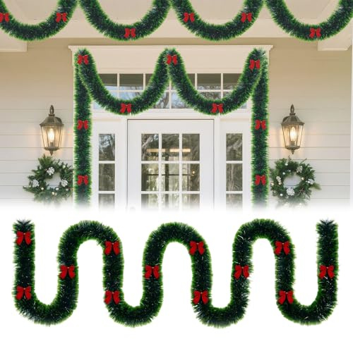 UISEBRT Künstliche Weihnachtsgirlande mit 28 roten Schleifen,Weihnachten Girlande Dekogirlande Tannengirlande für Weihnachtsbaum Partyzubehör Garten Hochzeit Decken Kamin Treppe Deko,Grün 10M