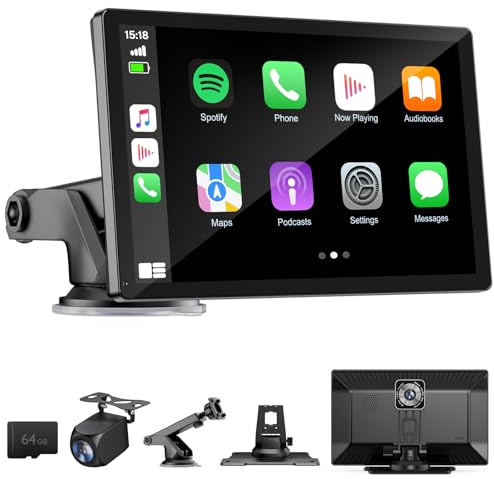 9 Wireless Apple Carplay Screen for Car with 4K Dash Cam, Portable Apple Carplay & Android Auto with 1080p Backup Camera DVR, Voice Control/GPS Navigation/Mirror Link/BT