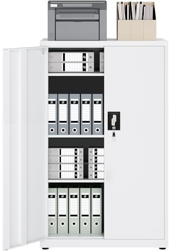 LAND·VOI Stahlschrank 4 Ebenen mit Schloss verstellbare Einlegeböden Doppeltüren Aktenschrank Werkzeugschrank für Büro Garage Haushalt Werkstatt 80x40x131.5 cm weiß