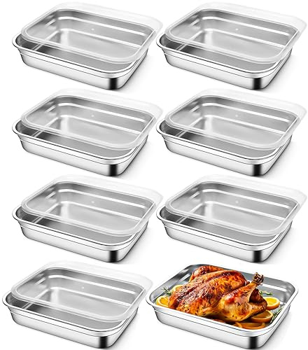8 Pcs Large Stainless Steel Food Containers with Lids, Rectangle Food Storage Box Bulk, Stackable Meal Prep Container for Kitchen Restaurant Snack Buffet Fruits, Oven Freezer Safe, 32 x 26 x 7 cm