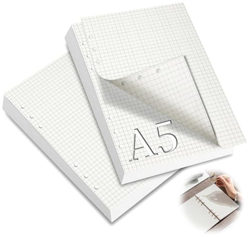 mawmuaw 2 Confezioni Fogli A5 con Buchi 120 Ricarica Carta Quadretti 6 Fori A5 Ricariche per Fogli Formato Planner Inserti di Carta per Raccoglitore ad Anelli Ricarica Agenda Schizzi Pittura