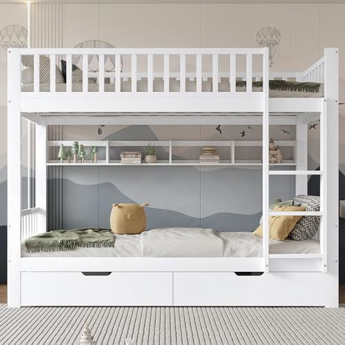 Oyemige Letto a Castello 90x200 cm, Letto per Bambini con 2 Cassetti, Letto Matrimoniale con Parapetto e Scala Ad Angolo Retto, Struttura In Pino, con Parapetto, Rete a Doghe, Bianco, Senza Materasso