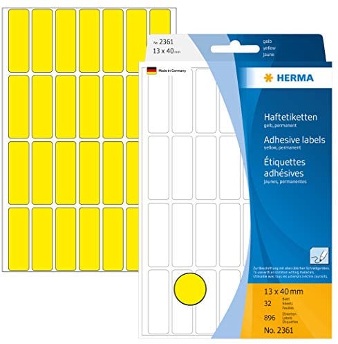 HERMA 2361 Vielzweck-Etiketten, 896 Stück, 13 x 40 mm, 28 pro Bogen, selbstklebend, Haushaltsetiketten zum Beschriften, matt, blanko Papier Klebeetiketten Aufkleber, gelb