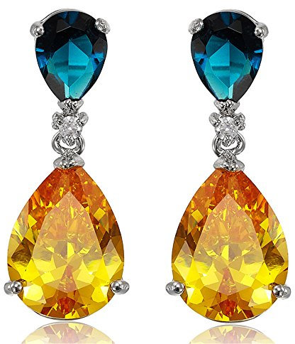 [RIVA CELEBOX] TRÄNE Gestochen Ohrhänger Ohrringe mit Tropfenschliff Edelstein Zirkonia CZ [Mehrfarbig] in 18K Weißes Gold Vergoldet, Promi inspiriert von Angelina Jolie