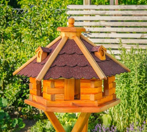 Deko-Shop-Hannusch Vogelhaus Futterhaus Futterhäuschen Vogelvilla V18, Vogelfutterhaus aus Holz mit Solarbeleuchtung (Rot, mittel), Vogelfutterhaus mit Futtersilo, Silo