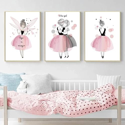 Nordic Ideas Affiche Fille Rose Deco Chambre Poster Enfant a3 Tableau Murale Decoration Impression sur toile 3 pieces sans Cadre