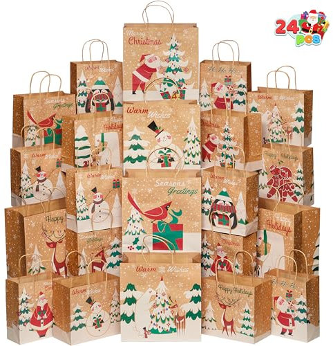 Joiedomi 24 Stück Kraft Geschenktüten mit 12 verschiedenen Weihnachtsmustern, Weihnachtsgeschenktüten, Kraftpapiertüten Geschenktasche für Weihnachten, Geschenkverpackung, Christmas