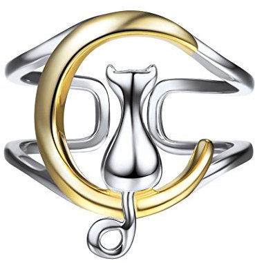 SILVERCUTE Damen Silber Ringe Kätzchen auf dem Mond Ring zweifarbiger Offener Ring Fingerring 925 Sterling Silber verstellbar Personalisiert Ring Fidget Ring Schmuck Accessoire für Mutter Mädchen