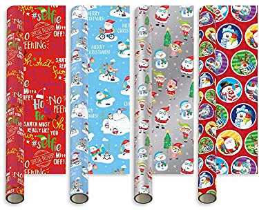 4 X 5M Traditional Rolls Christmas Xmas Wrapping Paper Assorted Designs Santa Sleigh Rudolph Snowman Elf Penguin