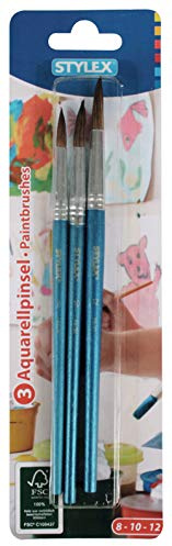 Stylex 35057 - Pinsel-Set mit 3 Aquarellpinseln in den Größen 8, 10 und 12, zum Malen mit Aquarell-, Acryl- und Wasserfarben, ideal auch für die Schule