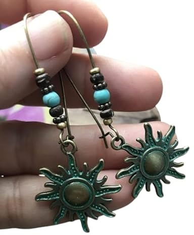 ✿ SONNE IN BRONZE MIT PATINA & KOKOS & TÜRKISEN HOWLITE ✿ lange Haken Ohrringe mit Sonne an Kidney Haken in Ethno Look