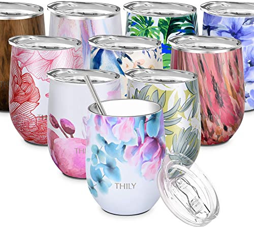 THILY Edelstahl Isolierter Weinbecher ohne Stiel Weinglas mit Deckel und Strohhalm, spritzwassergeschützt, niedlicher Reisebecher für Kaffee, Cocktails, Mutter, Frau, Mädchen, rosa Lilien