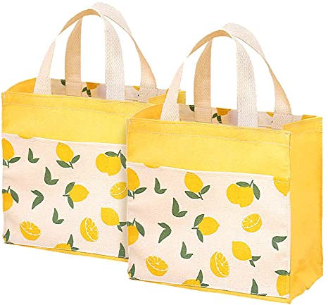 ASFINS Stofftaschen Klein mit Griffen, 2Stk Faltbare Einkaufstasche Recyclingtasche Baumwolltasche Tragetaschen für Frauen, Kinder, Mädchen, 22cm x 22cm (Gelbe Zitrone)