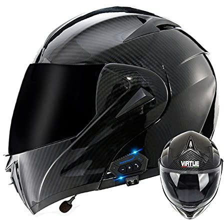 Bluetooth Modular Motorradhelm Flip Up Carbon Fiber Textur helme Full Face Crash Motocross Helm Double Visors Anti-Fog Lens Racing Moped Helm DOT Approved (B,L(59~60 CM))