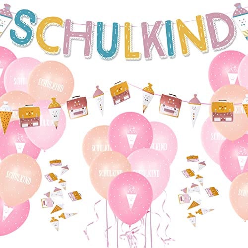 Einschulung Deko Set für Mädchen, Schulkind Girlande + Schultüte und Schulranzen Banner + Schuleinführung Schulanfang Luftballon + Zuckertüten Konfetti