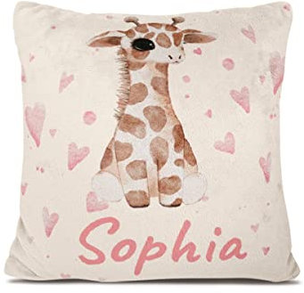 Personalisiertes Babykissen mit Tierdruck – weiches Fleecekissen mit Namen und Datum zur Taufe oder Geburt – Babygeschenk oder Geburtskissen - Kinder Kissenbezug - Kopfkissenbezug (Giraffe)