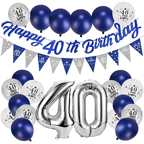 Afirbeone 40th Birthday Decoration for Men Women - Navy Blue and Silver Banner, Triangle Flag, Confetti Latex and Aluminum Foil Balloons for Party