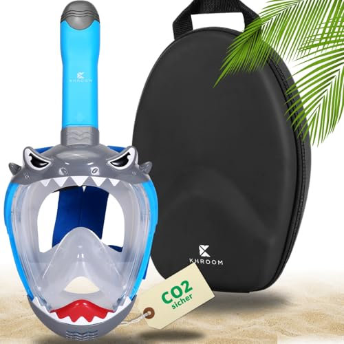 Khroom Schnorchelmaske Kinder ab 3 Jahre | TÜV geprüft & CO2 sicher | Vollgesichtsmaske/Tauchmaske Kinder ganzes Gesicht | Tauchermaske mit Tragetasche (Hai Blau+Case)