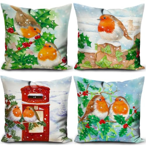 KUNQIAN Christmas Cushion Covers Xmas Cushions Winter Robin Birds Pillow Cover 18x18 Inch Set of 4 Throw Pillow Case Christmas Decorative For Sofa Living Room Home Linen Square 45x45cm