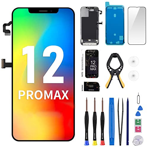 for iPhone 12 Pro Max Screen Replacement (Model A2342, A2410 A2411 A2412) 6.7 Frame Full Assembly Set with Ear Speaker Sensor 3D Touch LCD Display Digitizer Fix Repair Tools Kit Waterproof Seal