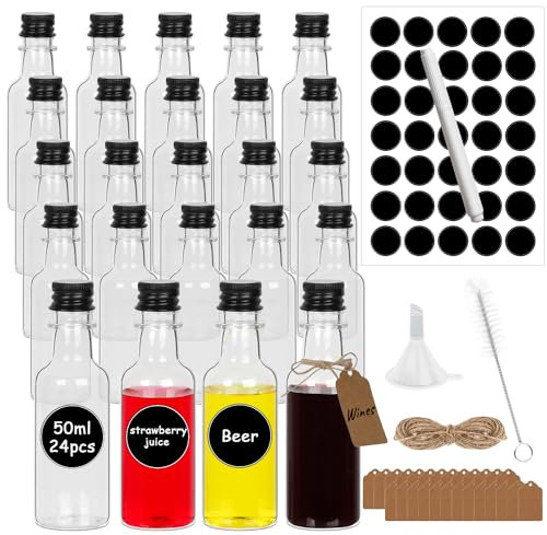 HYCKee [24 Pack] Miniature Alcohol Bottles 50ml, Small Empty Plastic Bottle With Black Screw Capsfor Sloe Gin Sauce Wine Syrup Oil Liquids, Mini Liquor Shots Bottles With Funnel Labels