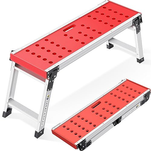 KINGRACK Folding Work Platform, Aluminium Step Ladder Platform Ladder with Anti-Slip Rubber Feet, Lightweight Stepladder with Safety Locks for Home, Office, Workshop and Garage - Maximum Load 150 kg
