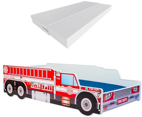 KOBI Kinderbett Auto Fahrzeug Auto | Betonmischer LKW Rührwerk | Kinderbett Jungen Mädchen | mit Lattenrost und Matratze | Hüttenbett mit Barriere (Feuerwehrauto, 160x80)