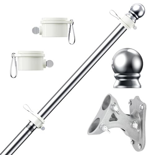 PHITRIC Fahnenmast-Set, 1,8 m Edelstahl-Fahnenmast für 7,6 x 12,7 cm große amerikanische Flaggenmast für Außenhaus, verhedderungsfrei, silberfarben, mit Halterung