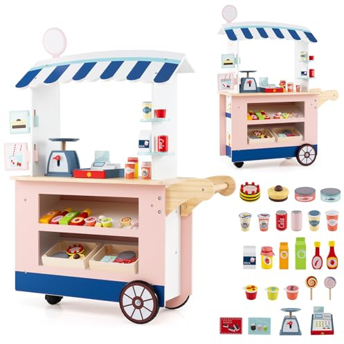 Costzon Kids Grocery Store Playset, Toddler Pretend Market Stand Shop Play Set w/ 30PCS Play Toy, Beverage Rack, Cash Register, Scale, Large Wheels, Wooden Food Cart, Gift for Boys Girls 3+ (Pink)