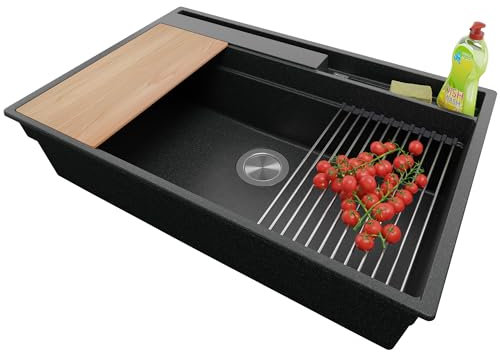 PRIMAGRAN Fregadero Cocina Grafito 78x53cm, Granito 1 Seno + Sifón + Accesorios, Sobre encimera al mueble 80cm - Oslo Pocket
