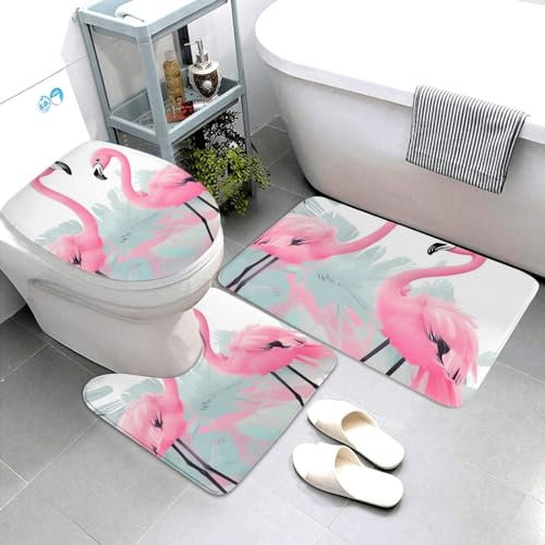 HaLvah Badezimmerteppich, Badteppiche für Badezimmer, rosa Flamingo, rutschfeste Badematten, Badezimmerteppich-Set, 3-teilig, saugfähig, Badteppich, WC-Vorleger für Badezimmer, Plüsch, Duschvorleger