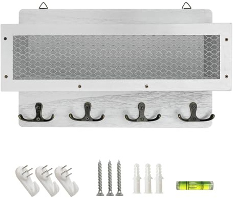 LYFJXX Key Board with Shelf- Wooden Key Cabinet with 4 Double Hooks | Wall Mount Key Hanger for Entrance, Storage, Living Room, Hallway, Kitchen (White)