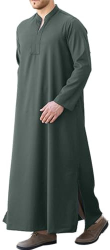 LVCBL Herren Kaftan V-Ausschnitt Langarm Leinen Thobe Grau 2XL