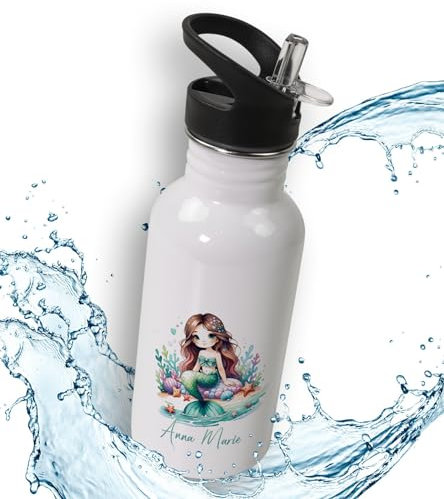 timalo® Trinkflasche für Kinder personalisiert mit Namen | auslaufsichere Edelstahl Sportflasche Kindergarten Schule Geschenk für Jungen und Mädchen 600mL | Meerjungfrau