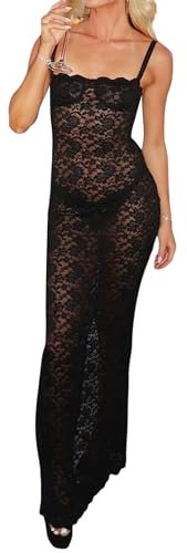 YILEEGOO Women Sexy Spaghetti Strap Lace Floral Bodycon Long Maxi Dress Summer Sheer Mesh Square Neck Backless Split Cami Dress (Black, S)