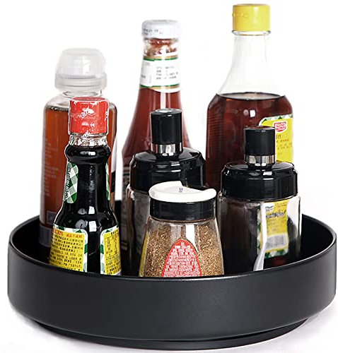XNTONG – 360° soporte de especias giratorio para cocina, bandeja giratoria de especias de 25,5 cm, antideslizante, estante de especias giratorio de acero al carbono (Negro)