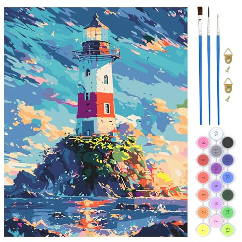 QENSPE Leuchtturm Malen Nach Zahlen Erwachsene,DIY Landschaft Ölmalerei Bastelset für Anfänger,Inklusive Knitterfreie Leinwand,Acrylfarben Set und 3 Pinsel,Home Haus Deko Geschenke 40x50 cm