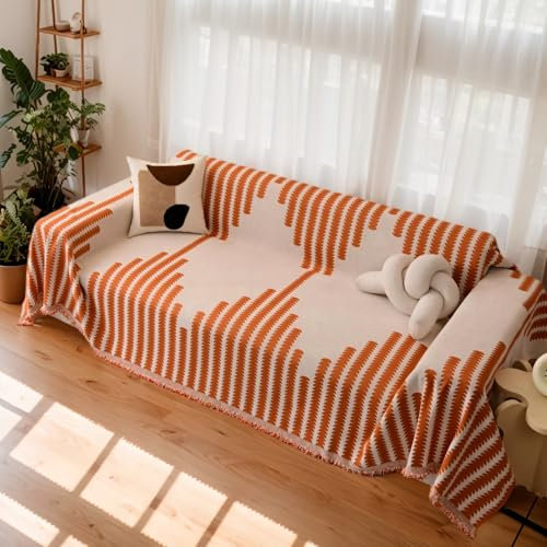 OKYUK Boho-Chenille-Sofabezug, 2-/3-/4-Sitzer- und Ecksofa, waschbar, Quasten-Design, haustierfreundlich, atmungsaktiv, Ganzjahres-Mehrzweck, Wohnzimmermöbelschutz (Boho-Orange, Größe XL (180 x 300 cm