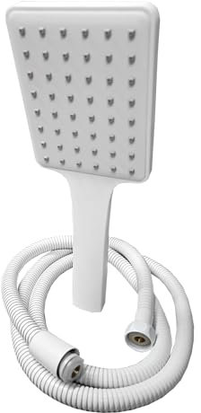 White matt Universal 1 Mode Shower with Shower Hose 2 m Slim Square High Pressure Shower Head Rainfall Hand Held Water Saving Bathroom Handshower
