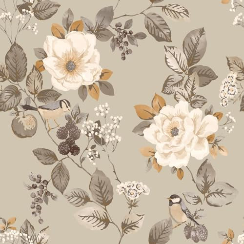 Belgravia Bramble Floral Wallpaper – Flowery with Matte Detailing – Modern for Living Room, Bedroom, Hallway – Decorative Luxury – Beige/Multi