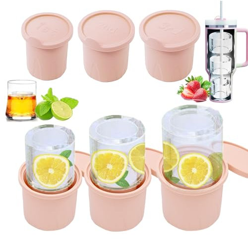Cubitera de silicona para Stanley Cup, 3 piezas Ice Cube Tray con tapa para vasos térmicos Stanley, bandeja de cubitos de hielo para café, cócteles, bebidas whisky (rosa)
