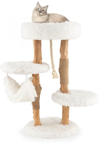 SOARS Kratzbaum Holz, Katzenbaum mit 2 natürlichen Birnbaumstämmen, Hängematte & Plüschflächen, Katzenkratzbaum mit Sisal- und Juteseil, Katzenmöbel, Kletterbaum mehrstöckig, 41 x 41 x 87cm