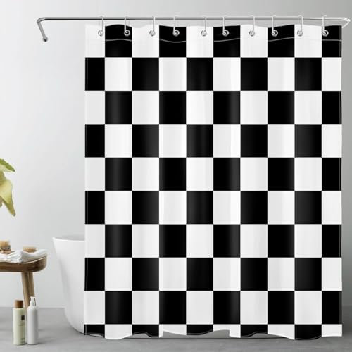 LB Schwarz-Weiß-Karo Duschvorhang 150x200cm(BxH) Einfach geometrisch Antischimmel Wasserdicht Badezimmer Vorhänge,Modernes Kariertes Kunstdekor Extra Lange Polyester Stoff Bad Vorhang mit Haken