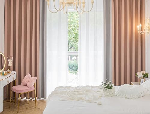 KnSam 2er Set Hell Grau Rose Verdunklungsvorhänge Ösen, Vorhänge Fenster Patchwork, Chenille Ösen Verdunkelungsvorhang Kinder Vorhänge mit Motiv, Jeder B 96 x H 214cm