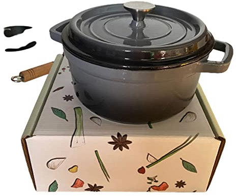 QTANZIQI Cocotte avec couvercle – Cocotte ronde en fonte avec intérieur en émail durable, faitouts en fonte émaillée avec couvercle, plaque à induction/passe au four, gris 24 cm