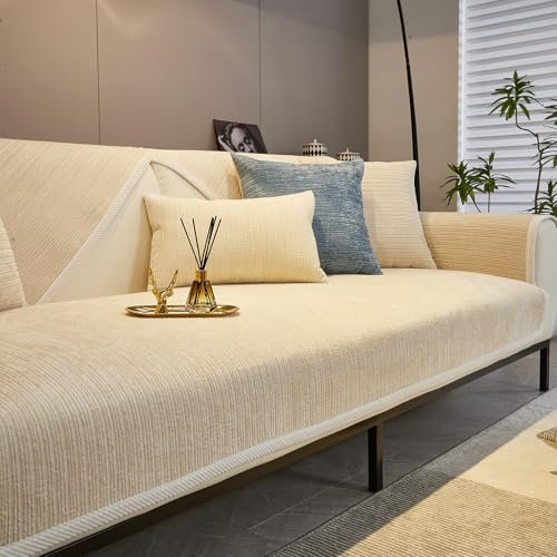 JIcloun Weicher Chenille Sofabezug, rutschfest Beige 1 2 3 4 Sitzer L Form Sofaschoner Chaiselongue Ecksofa Ledersofa Couch Bezug Sofa Auflage, Sofabezug Perfekt für Sofaschutz 30x50cm