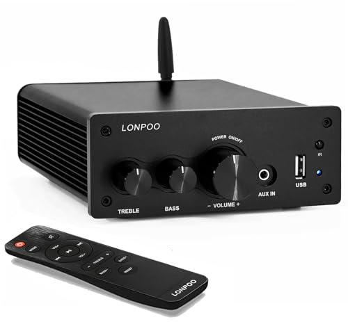 LONPOO Mini amplificatore Bluetooth HiFi 100 Wx2 con telecomando, ottico, COAX, USB, ingresso AUX, uscita audio a 2 canali L/R per cavo altoparlante (AMP-615B)